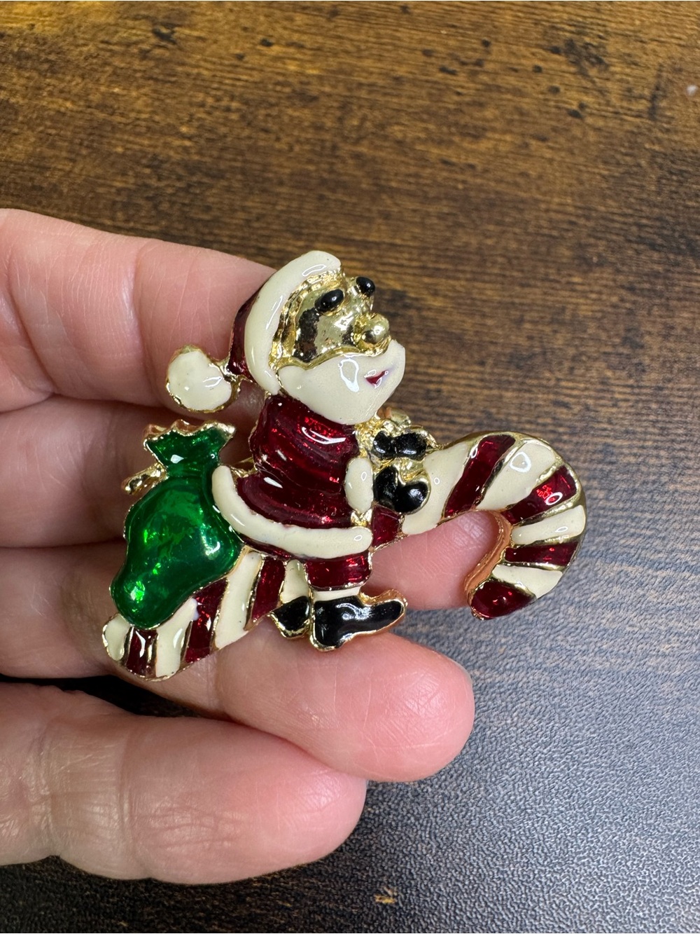 💚4/$20 Festive Santa on Candy Cane Christmas Brooch - Red, Green, Cream